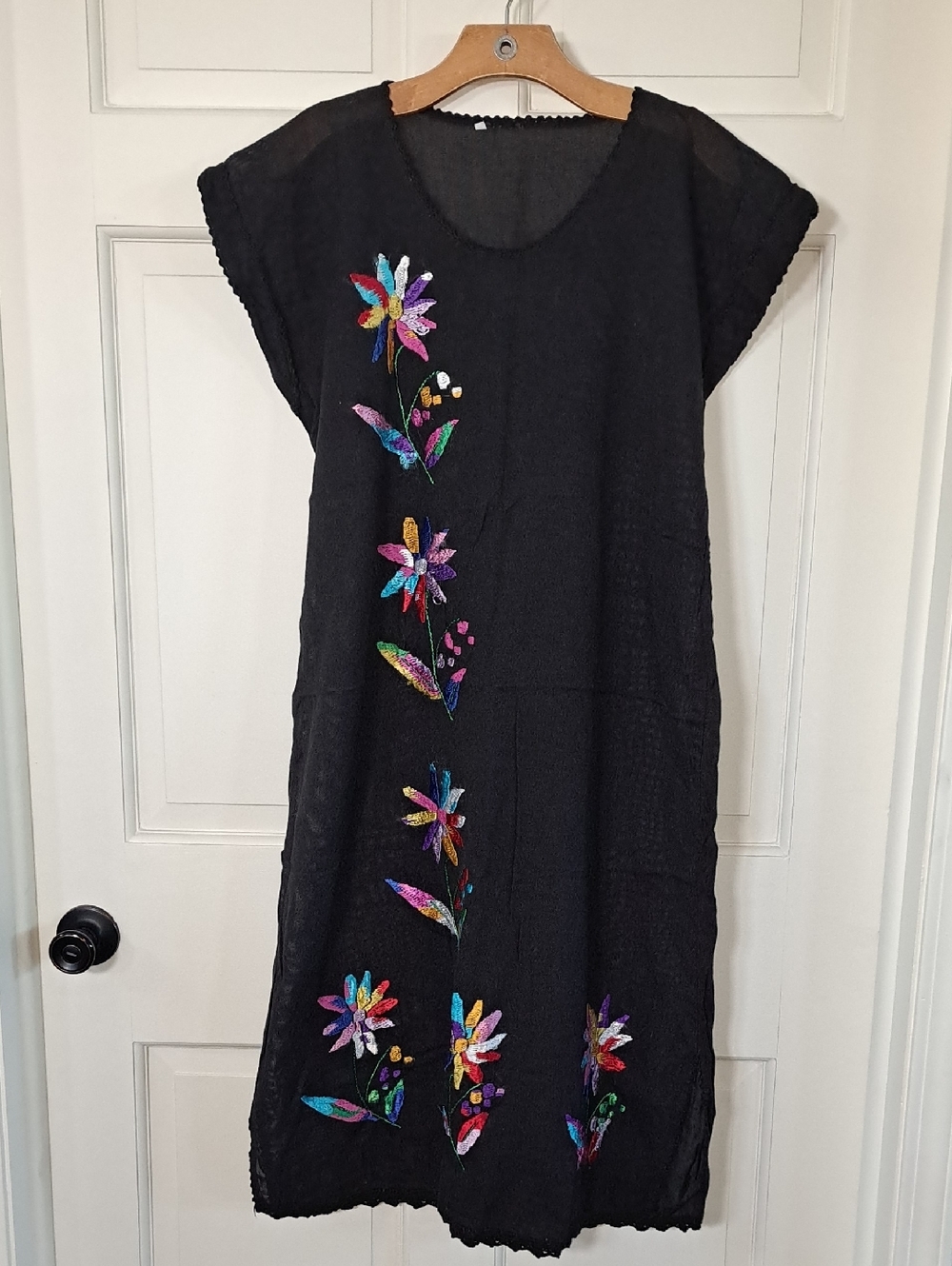 Embroidered Floral Blk Oversized Sheer Cotton Midi Cover Up Airy Beach Dress